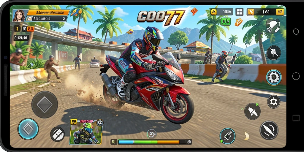 Tampilan gameplay yang mendebarkan dari COO77 dengan balapan motor yang intens.