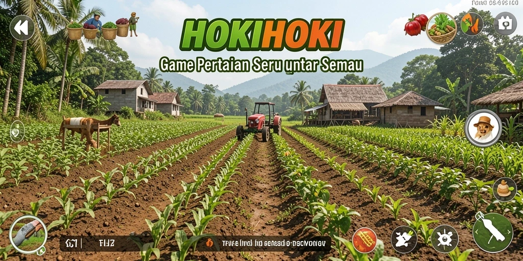 Tampilan gameplay HOKIHOKI yang menampilkan ladang hijau subur.